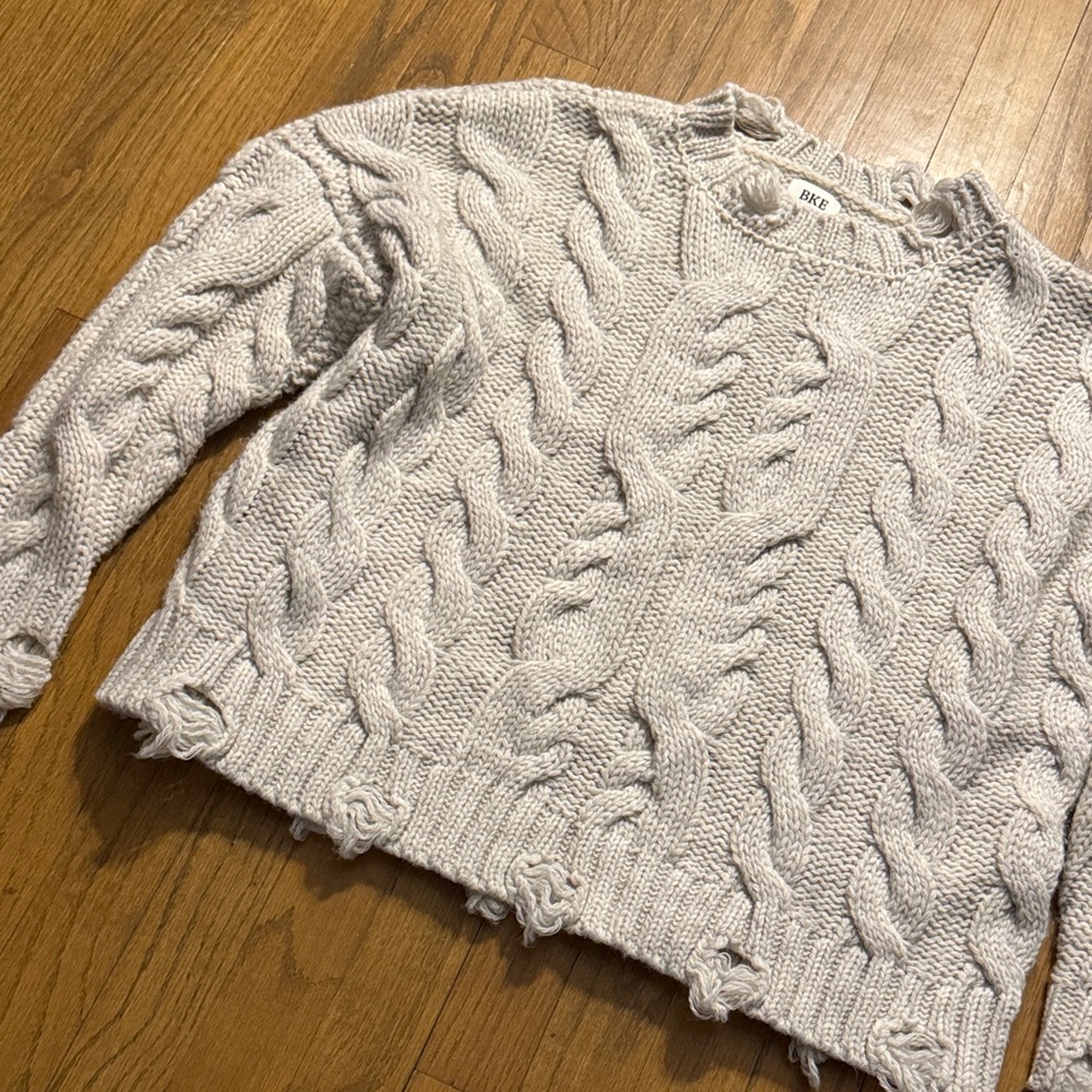 BKE Distressed Cable Knit Sweater - Light Cream XS OVERSIZED